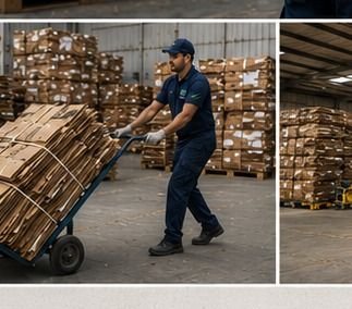 Team member wheeling a hand cart of bundled cardboard