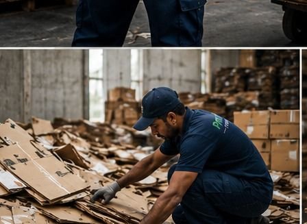 Sorted cardboard being separated on the warehouse floor