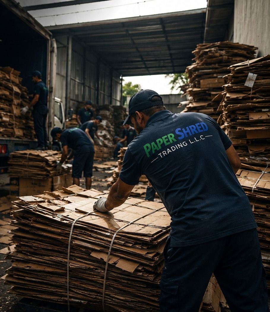 Paper Shred Trading team bundling collected cardboard at a Dubai warehouse