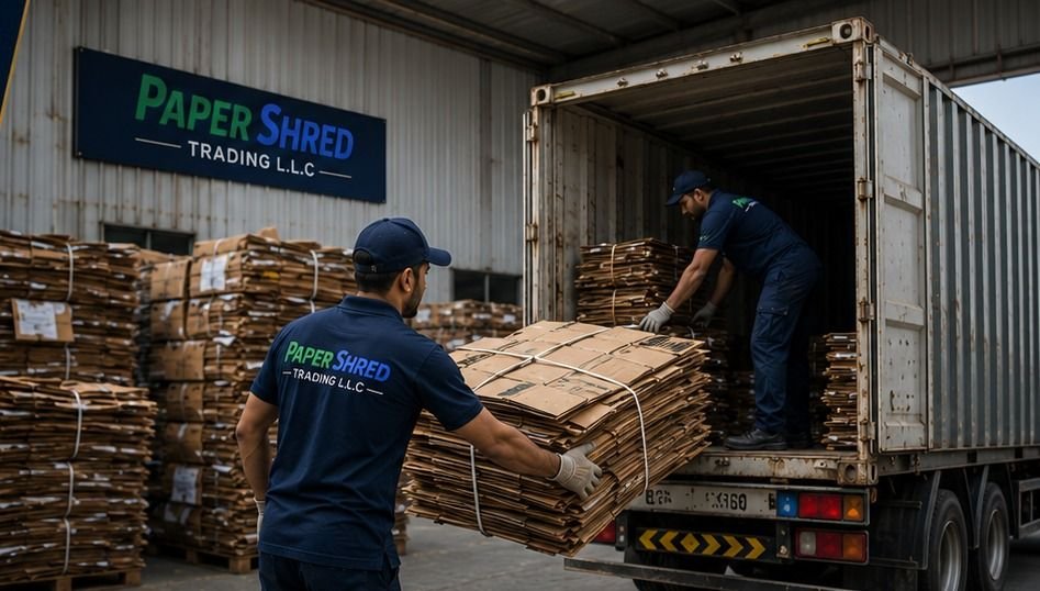 Loading a shipping container with bundled cardboard for trading